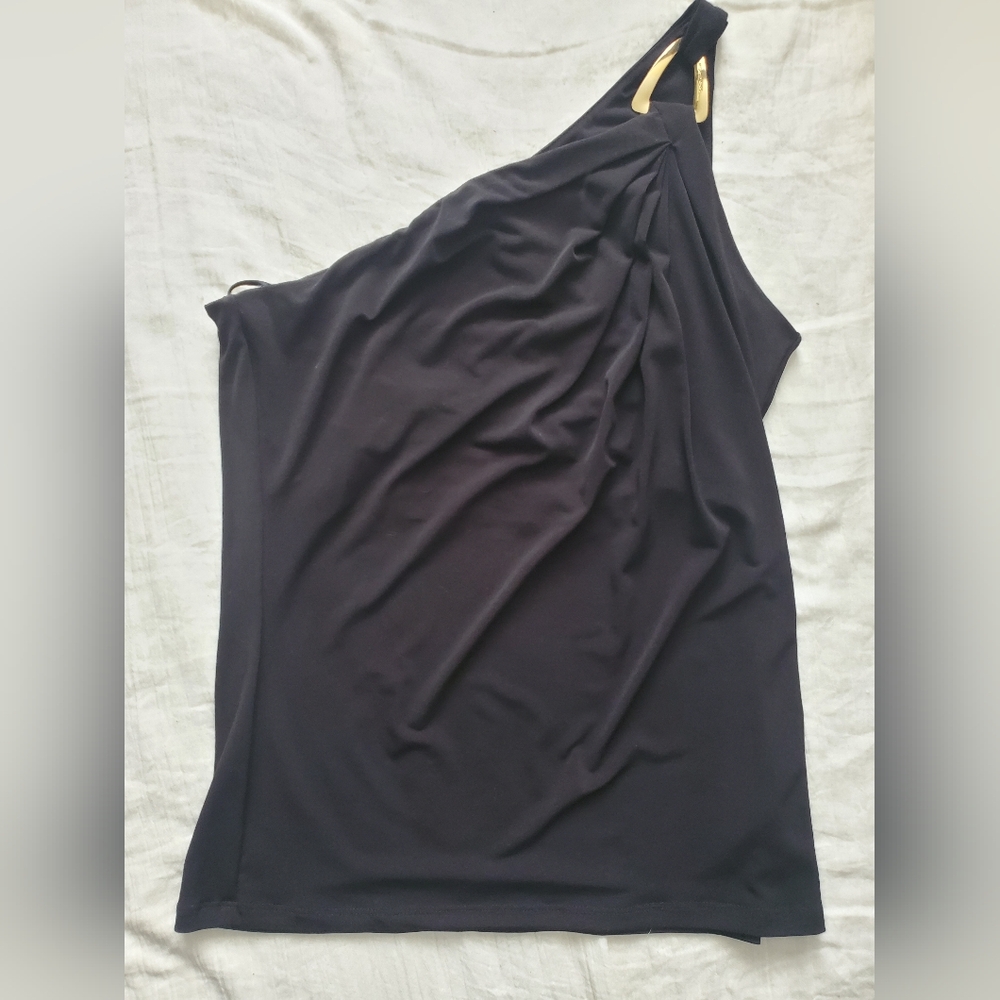 Michael Kors Chic Black One-Shoulder Shirt With Gold Accent Size S